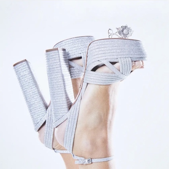 Aquazzura Sundance Silver Glitter Platform Heeled Sandals Sz 39 - Picture 15 of 17